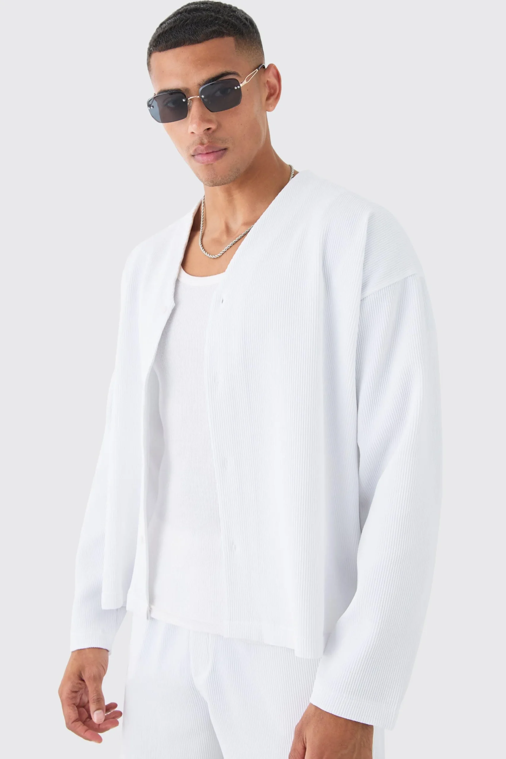 Pleated Longsleeve Collarless Boxy Shirt | UK^boohooMAN Discount