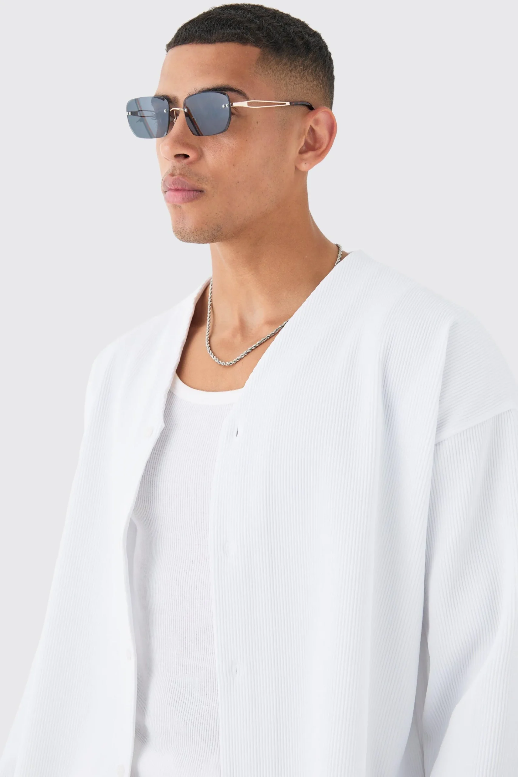 Pleated Longsleeve Collarless Boxy Shirt | UK^boohooMAN Discount