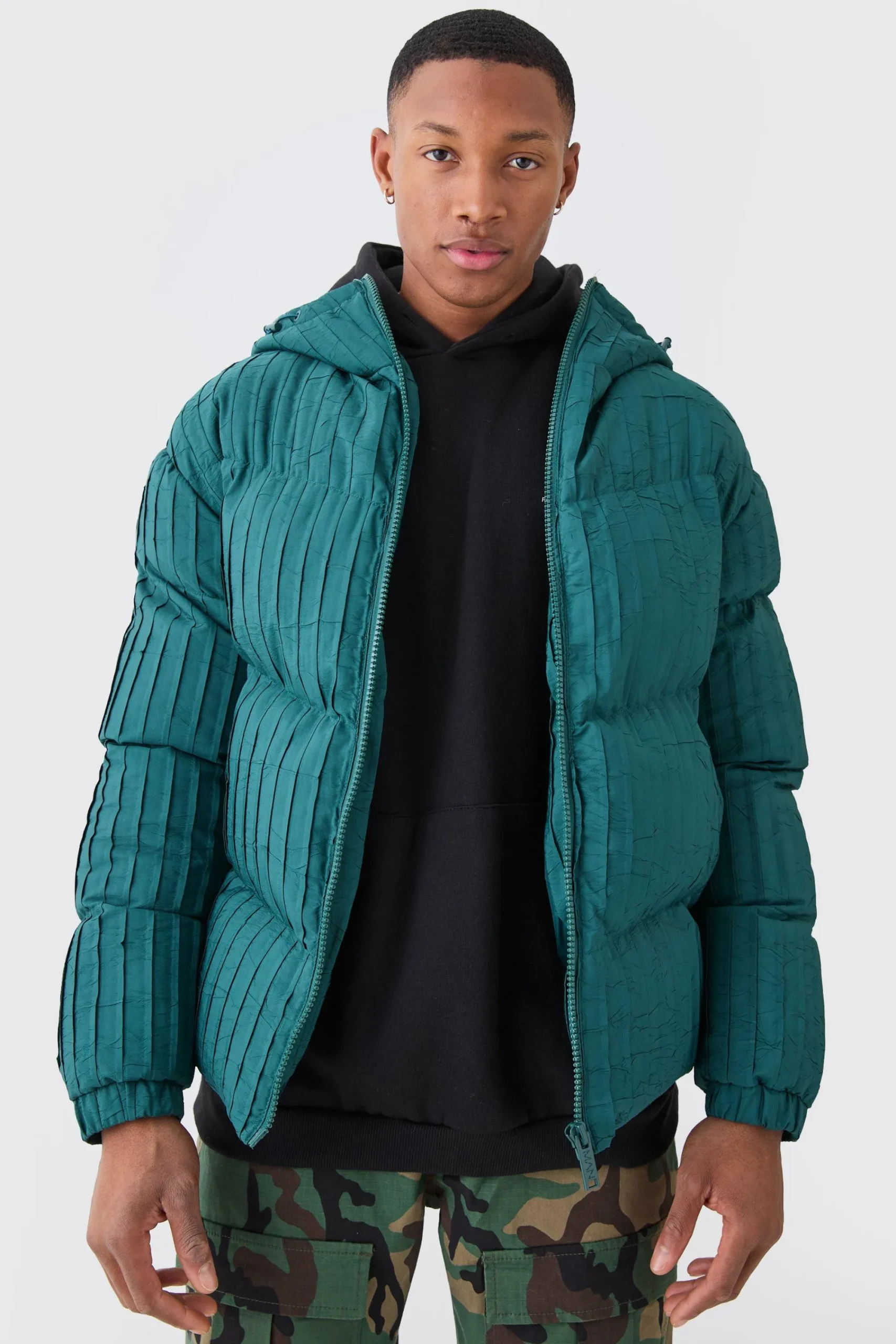 boohooMAN Pleated Puffer With Hood | UK| Coats & Jackets