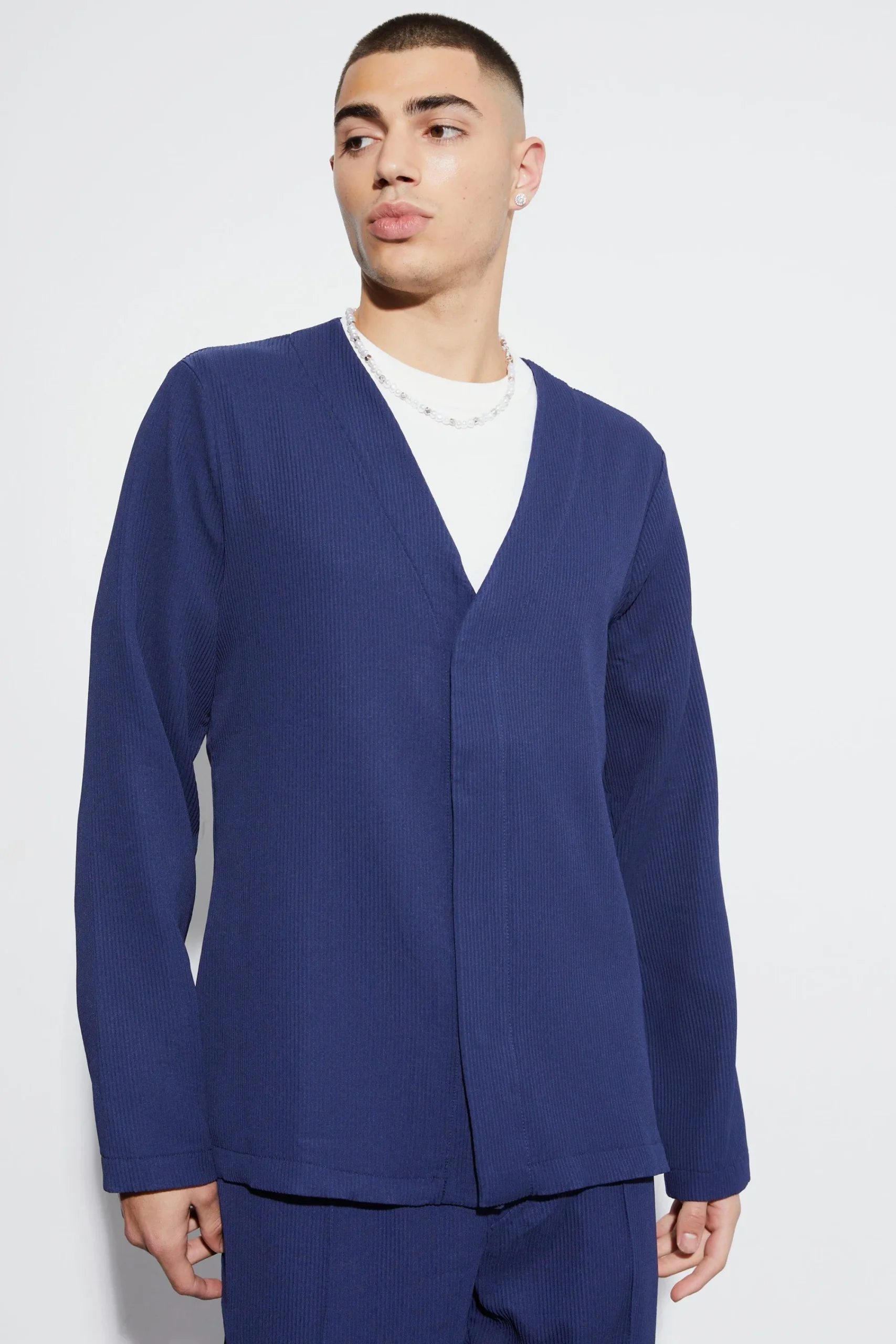 boohooMAN Pleated Slim Fit Collarless Concealed Button Blazer | UK| Suits & Tailoring