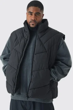 boohooMAN Plus Abstract Quilted Funnel Neck Gilet In | UK| Coats & Jackets