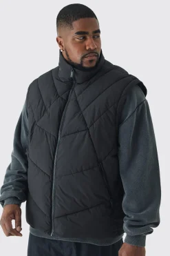 boohooMAN Plus Abstract Quilted Funnel Neck Gilet In | UK| Coats & Jackets