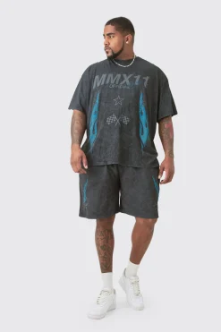 Plus Acid Wash Moto T-Shirt & Short Set | UK^boohooMAN Outlet