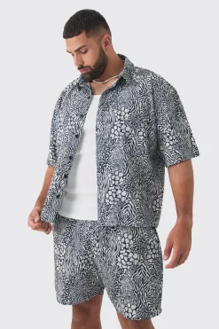 boohooMAN Plus Animal Printed Oversized Short Sleeve Pleated Shirt & Short Set | UK| Sets & Co-Ords