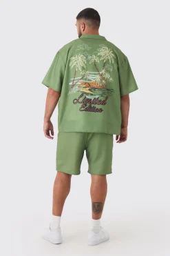 boohooMAN Plus Back Print Linen Look Shirt & Short Set | UK| Sets & Co-Ords