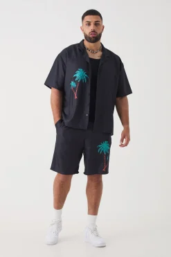 boohooMAN Plus Back Print Linen Look Shirt & Short Set | UK| Sets & Co-Ords