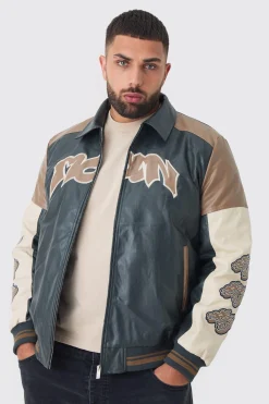 boohooMAN Plus Badge Detail Colour Block PU Varsity Jacket In | UK| Coats & Jackets
