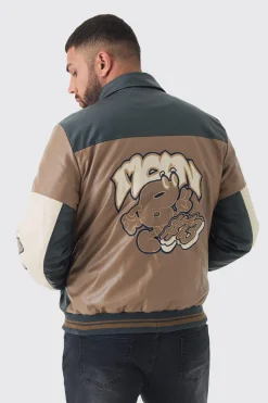 boohooMAN Plus Badge Detail Colour Block PU Varsity Jacket In | UK| Coats & Jackets