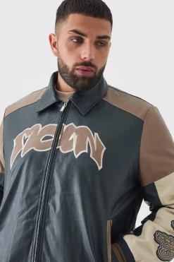 boohooMAN Plus Badge Detail Colour Block PU Varsity Jacket In | UK| Coats & Jackets
