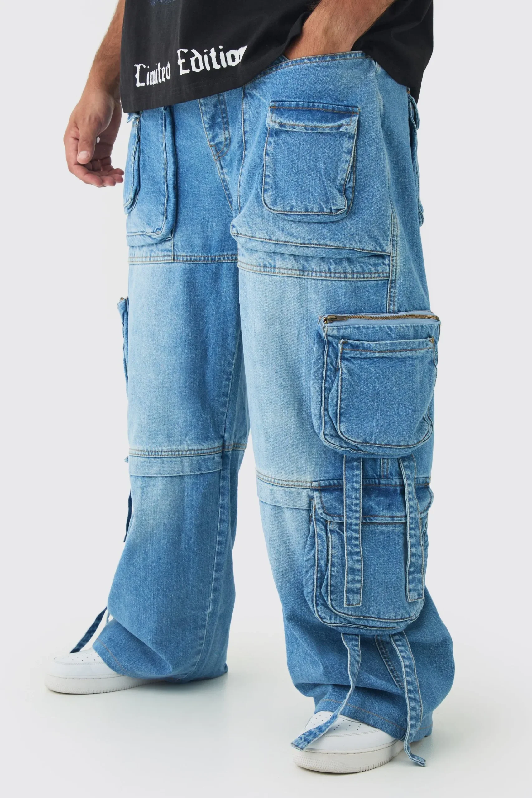 boohooMAN Plus Baggy Rigid Multi Pocket Strap Detail Cargo Jeans | UK| Trousers|Cargos