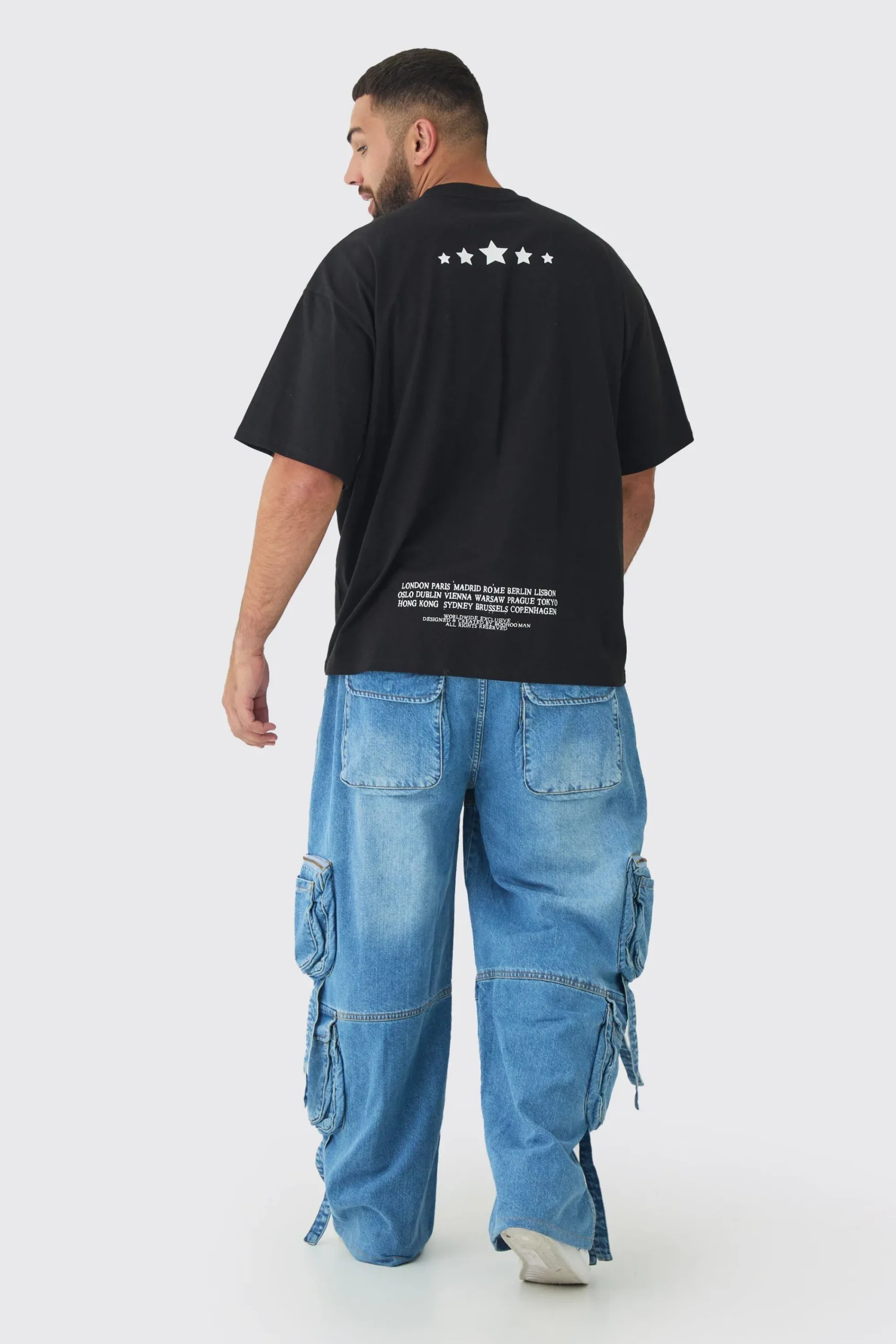 boohooMAN Plus Baggy Rigid Multi Pocket Strap Detail Cargo Jeans | UK| Trousers|Cargos