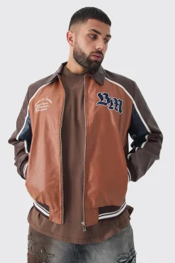 boohooMAN Plus BM Badge Collared PU Varsity Jacket In | UK| Coats & Jackets