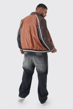 boohooMAN Plus BM Badge Collared PU Varsity Jacket In | UK| Coats & Jackets