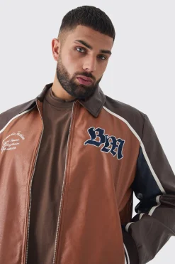 boohooMAN Plus BM Badge Collared PU Varsity Jacket In | UK| Coats & Jackets
