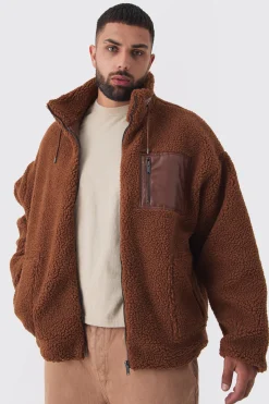 boohooMAN Plus Borg Funnel Neck Jacket With PU Pocket In | UK| Coats & Jackets