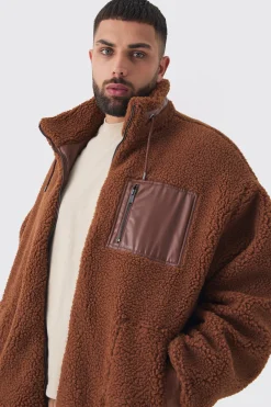 boohooMAN Plus Borg Funnel Neck Jacket With PU Pocket In | UK| Coats & Jackets