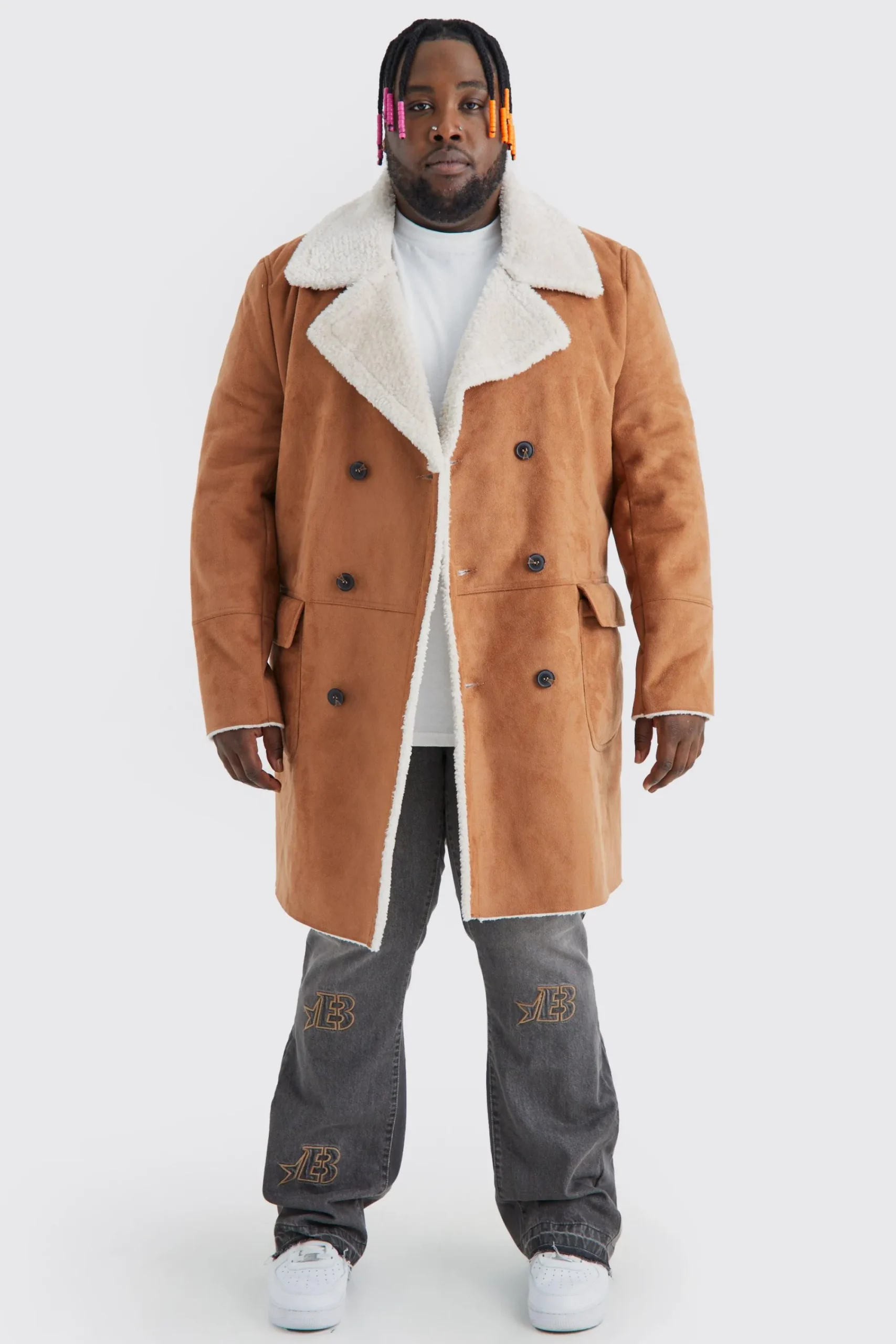 boohooMAN Plus Borg Lined Double Breasted Overcoat In | UK| Knitwear|Coats & Jackets