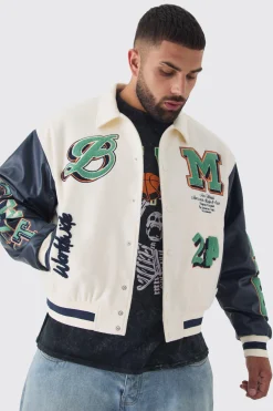 boohooMAN Plus Boxy BM Badge Collared Varsity Jacket In | UK| Coats & Jackets