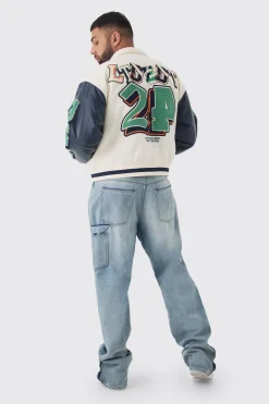 boohooMAN Plus Boxy BM Badge Collared Varsity Jacket In | UK| Coats & Jackets