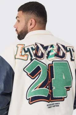 boohooMAN Plus Boxy BM Badge Collared Varsity Jacket In | UK| Coats & Jackets