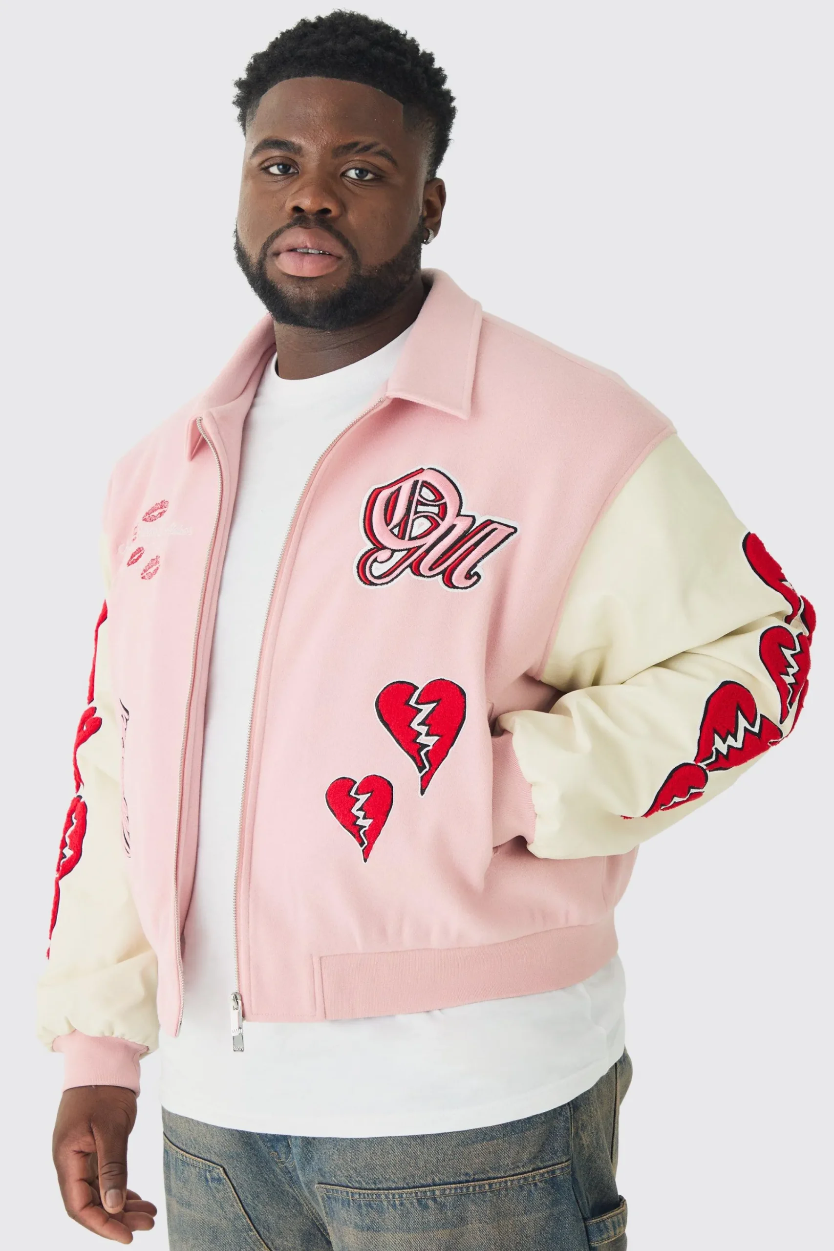 boohooMAN Plus Boxy Heart Applique Varsity Bomber | UK| Coats & Jackets
