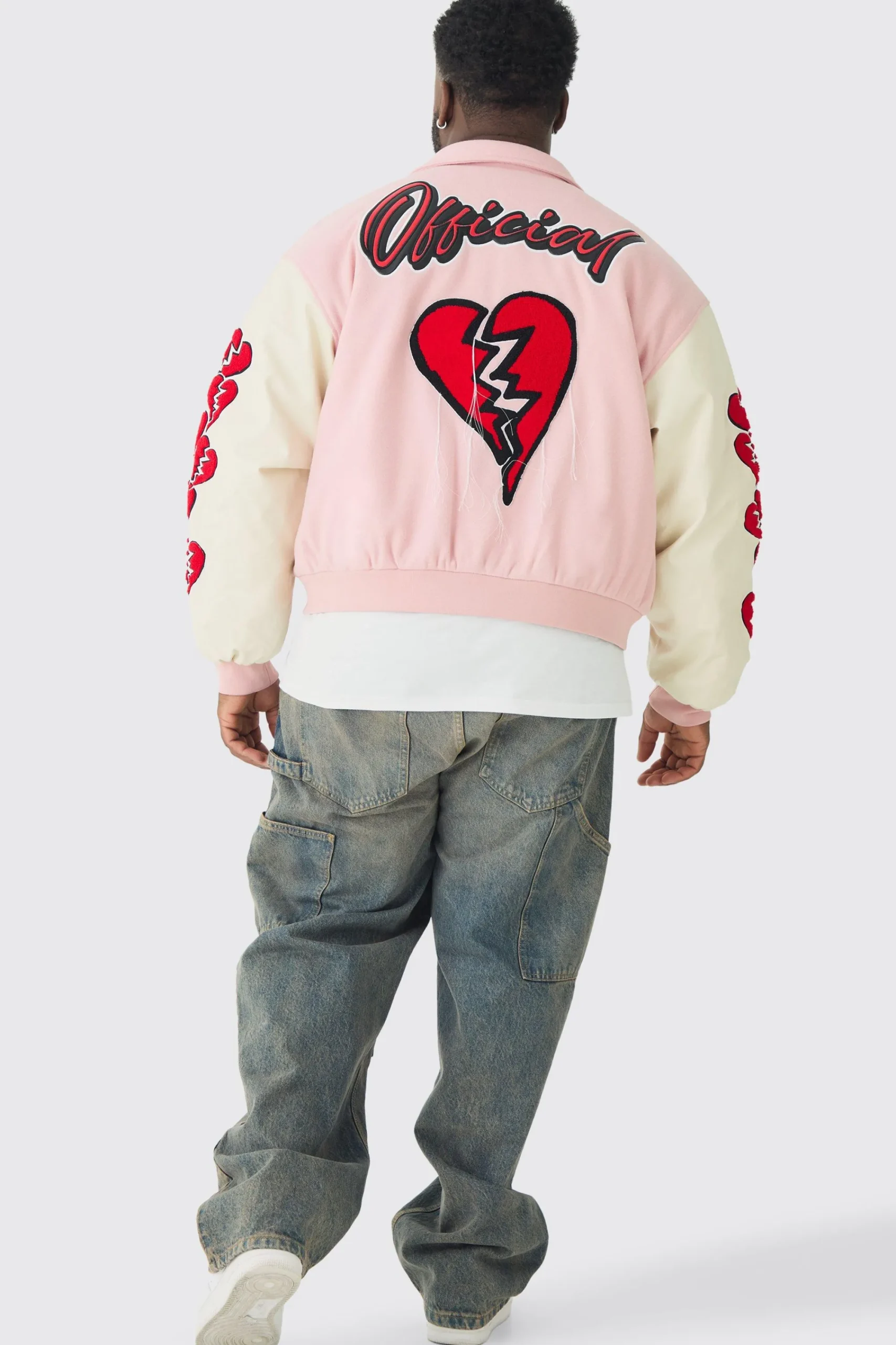 boohooMAN Plus Boxy Heart Applique Varsity Bomber | UK| Coats & Jackets