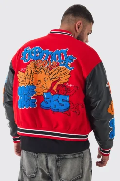 boohooMAN Plus Boxy Homme Badge PU Sleeve Varsity Jacket In | UK| Coats & Jackets