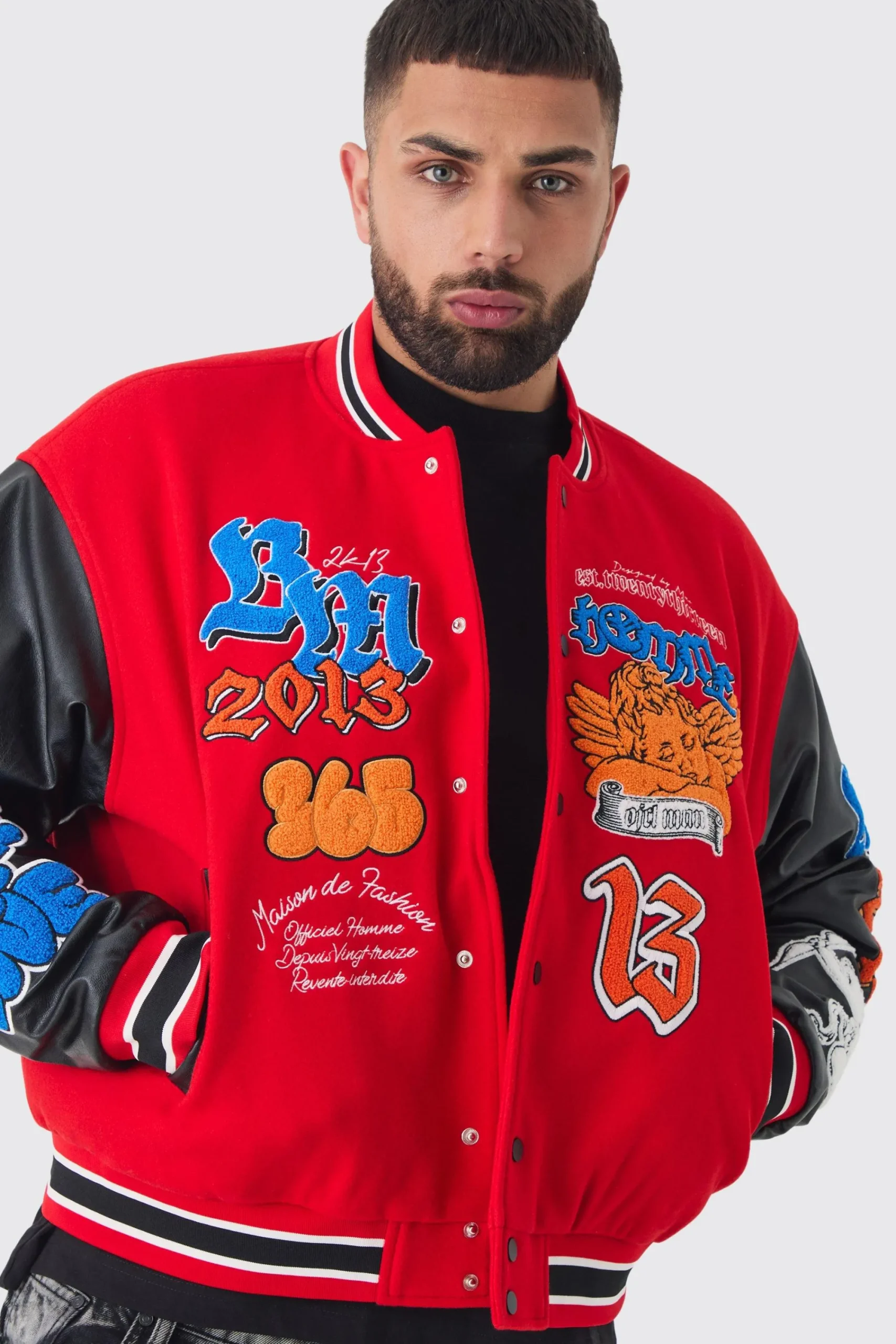 boohooMAN Plus Boxy Homme Badge PU Sleeve Varsity Jacket In | UK| Coats & Jackets