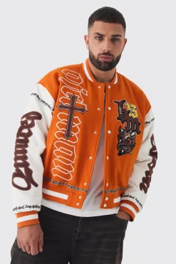 boohooMAN Plus Boxy Limited Badge PU Sleeve Varsity Jacket In | UK| Coats & Jackets