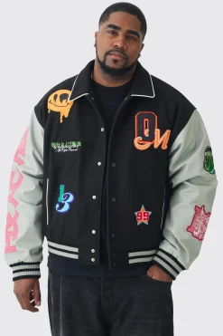 boohooMAN Plus Boxy Melton PU Varsity Badge Jacket | UK| Coats & Jackets