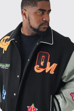 boohooMAN Plus Boxy Melton PU Varsity Badge Jacket | UK| Coats & Jackets