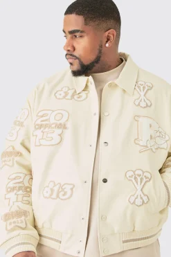 boohooMAN Plus Boxy PU Tonal Badge Varsity Jacket | UK| Coats & Jackets