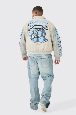 boohooMAN Plus Boxy Teddy Applique Bomber | UK| Coats & Jackets