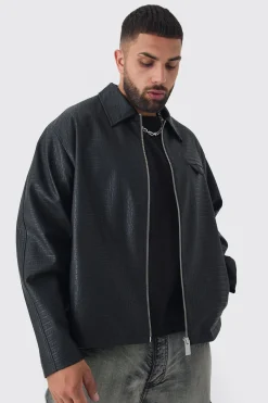 boohooMAN Plus Boxy Textured PU Harrington Jacket In | UK| Coats & Jackets