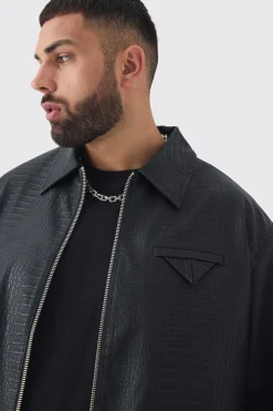 boohooMAN Plus Boxy Textured PU Harrington Jacket In | UK| Coats & Jackets