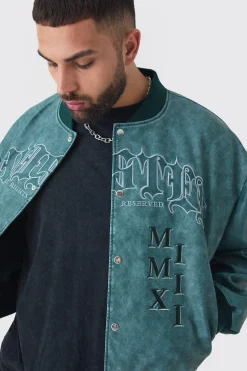 boohooMAN Plus Boxy Tonal Badge Tumbled PU Varsity Jacket In | UK| Coats & Jackets