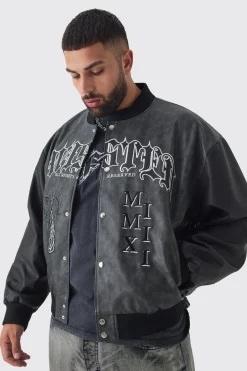 boohooMAN Plus Boxy Tonal Badge Tumbled PU Varsity Jacket In | UK| Coats & Jackets