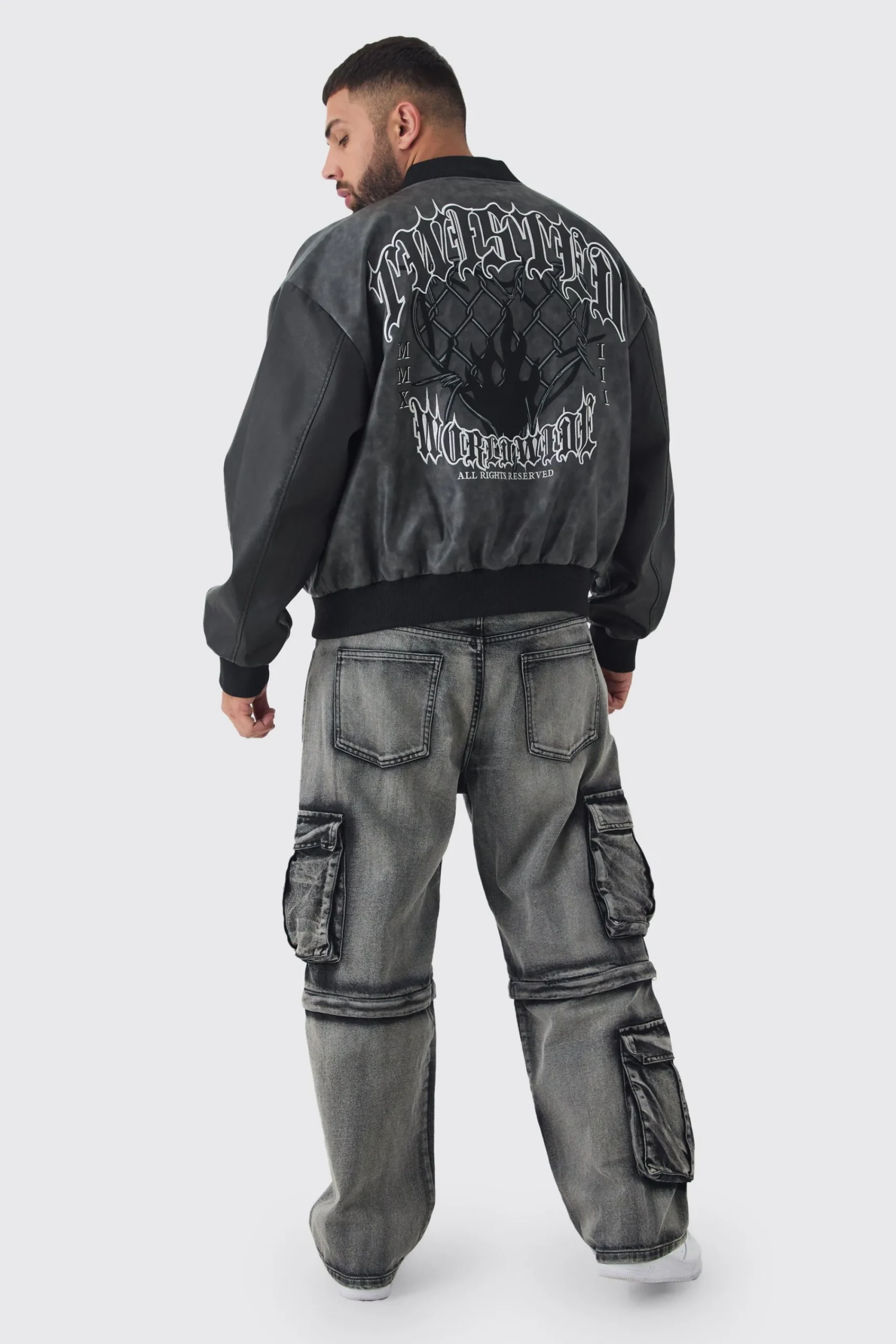 boohooMAN Plus Boxy Tonal Badge Tumbled PU Varsity Jacket In | UK| Coats & Jackets