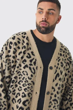 boohooMAN Plus Brushed Knit Leopard Print Oversized Cardigan | UK| Knitwear