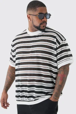 Plus Crochet Striped Oversized T-Shirt | UK^boohooMAN Sale