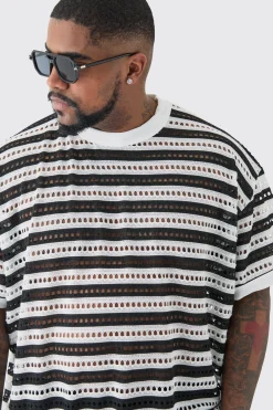 Plus Crochet Striped Oversized T-Shirt | UK^boohooMAN Sale