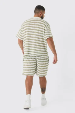 boohooMAN Plus Crochet Striped T-shirt And Short Set | UK| Tracksuits