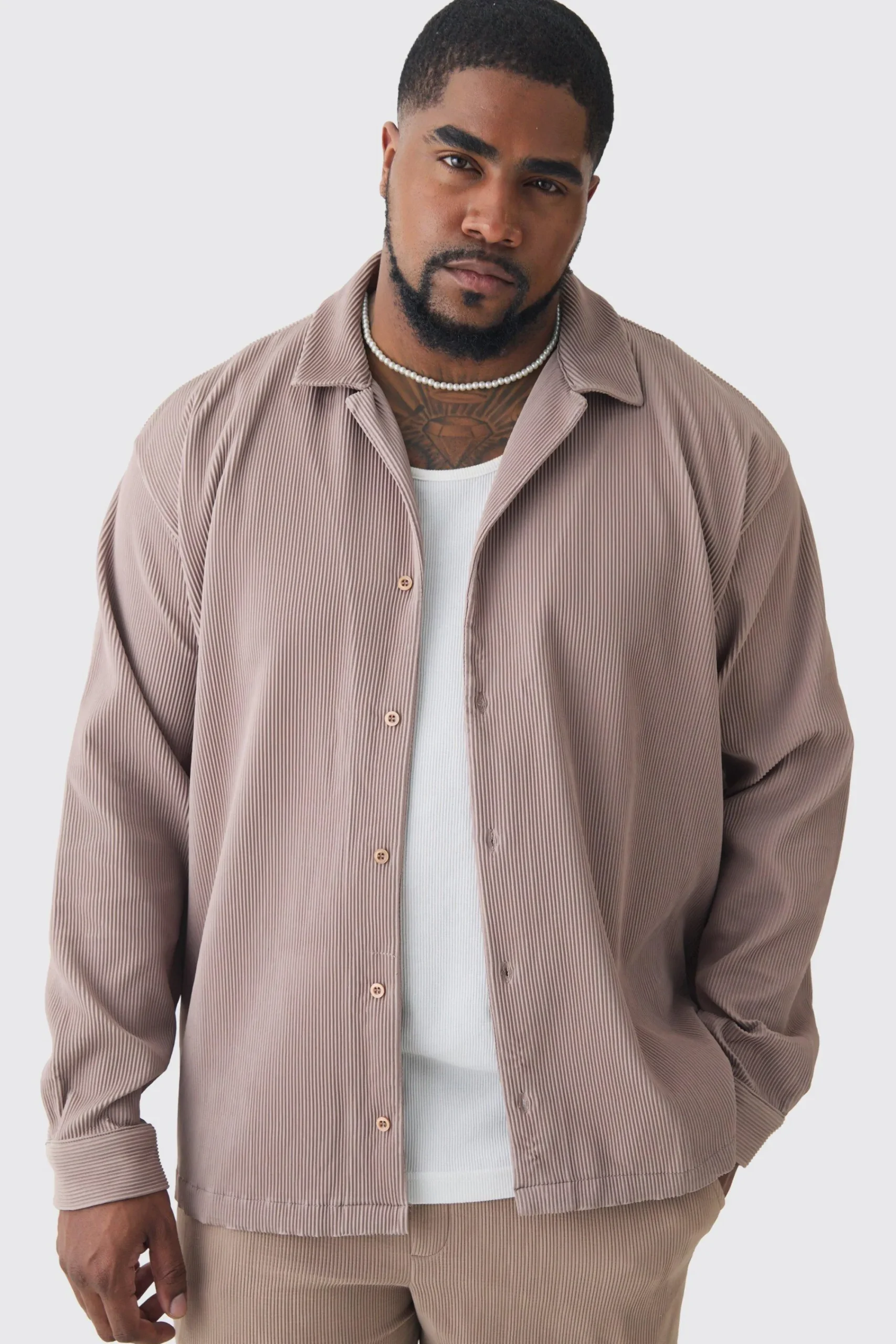 boohooMAN Plus Drop Revere Long Sleeve Pleated Shirt In | UK| Shirts