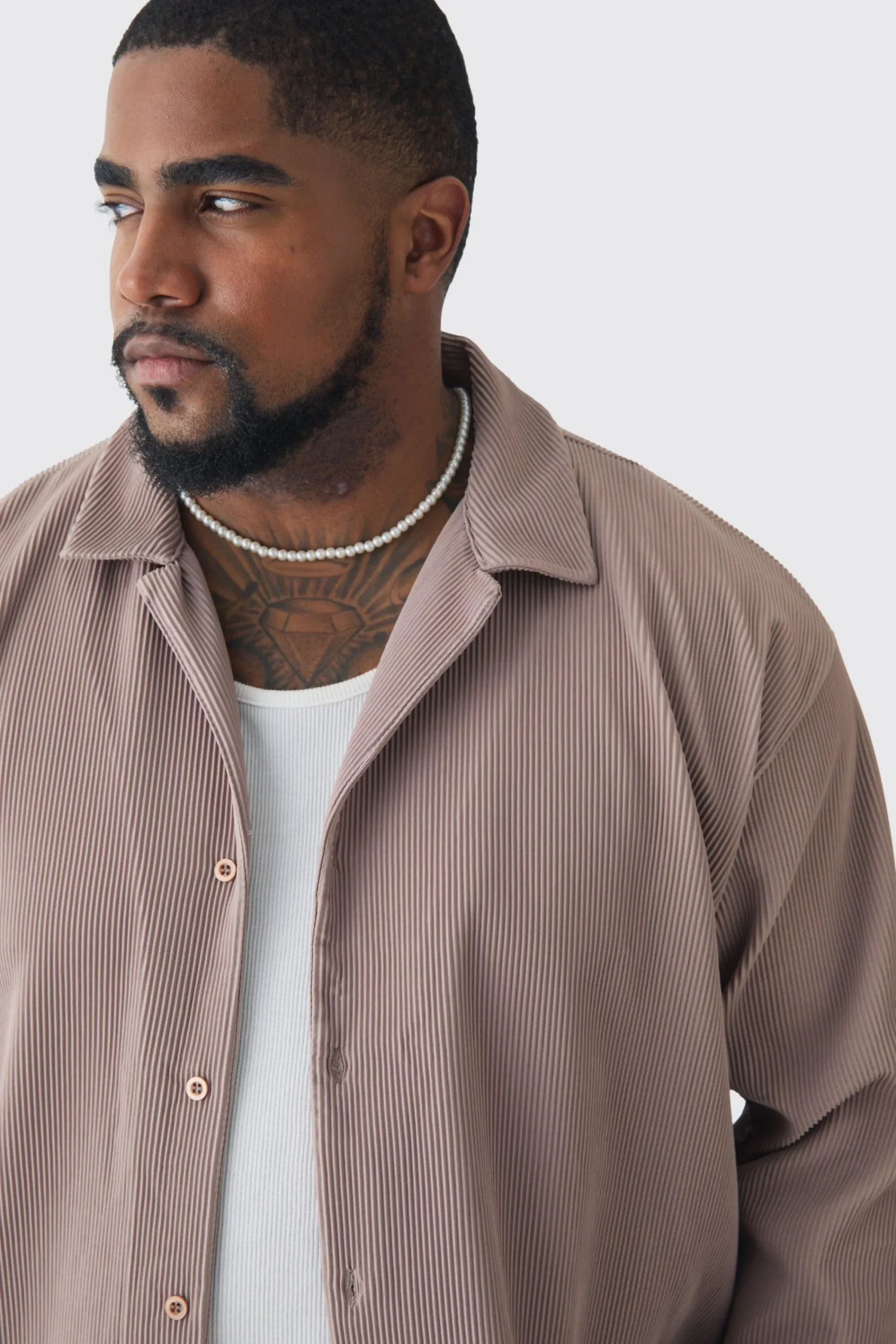 boohooMAN Plus Drop Revere Long Sleeve Pleated Shirt In | UK| Shirts