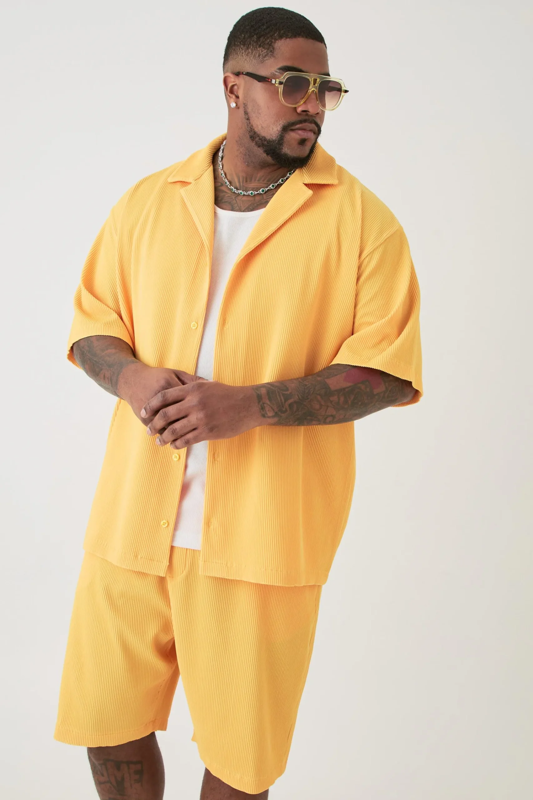 boohooMAN Plus Drop Revere Pleated Shirt & Short Set In | UK| Sets & Co-Ords