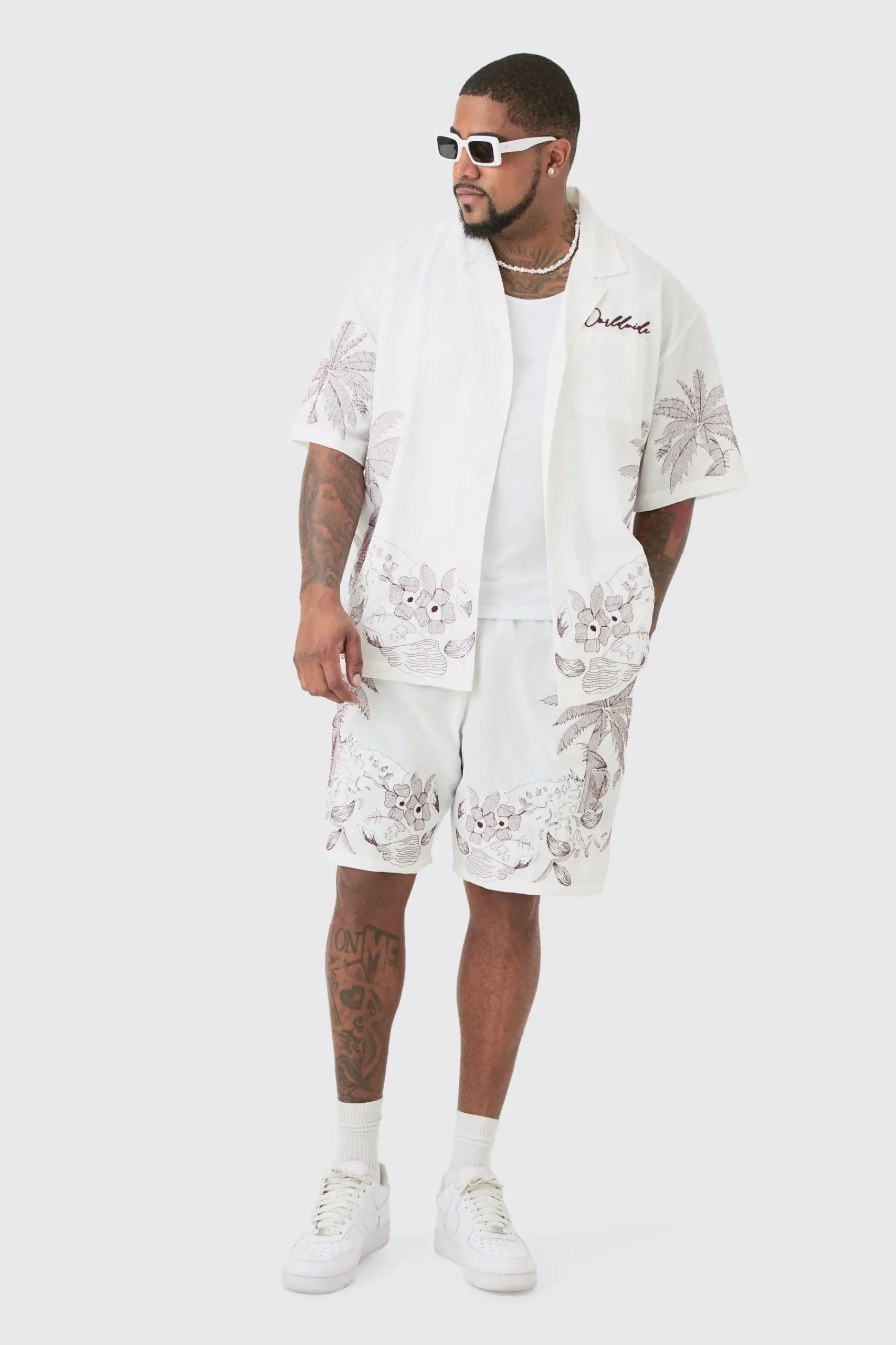 boohooMAN Plus Drop Revere Seersucker Embroidered Floral Shirt & Short Set | UK| Sets & Co-Ords