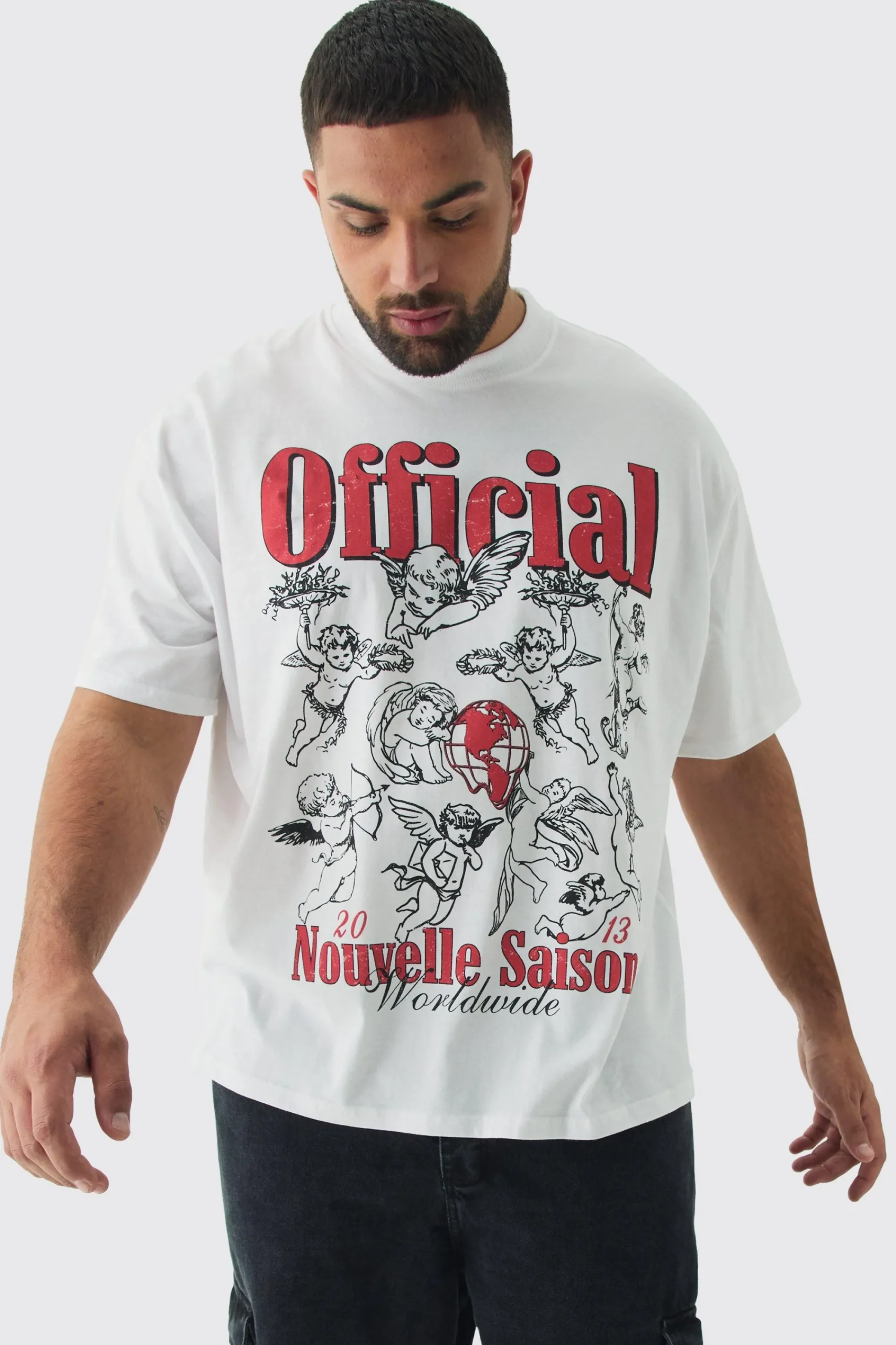 Plus Extended Neck Cherub Graphic Oversized T-Shirt | UK^boohooMAN Hot