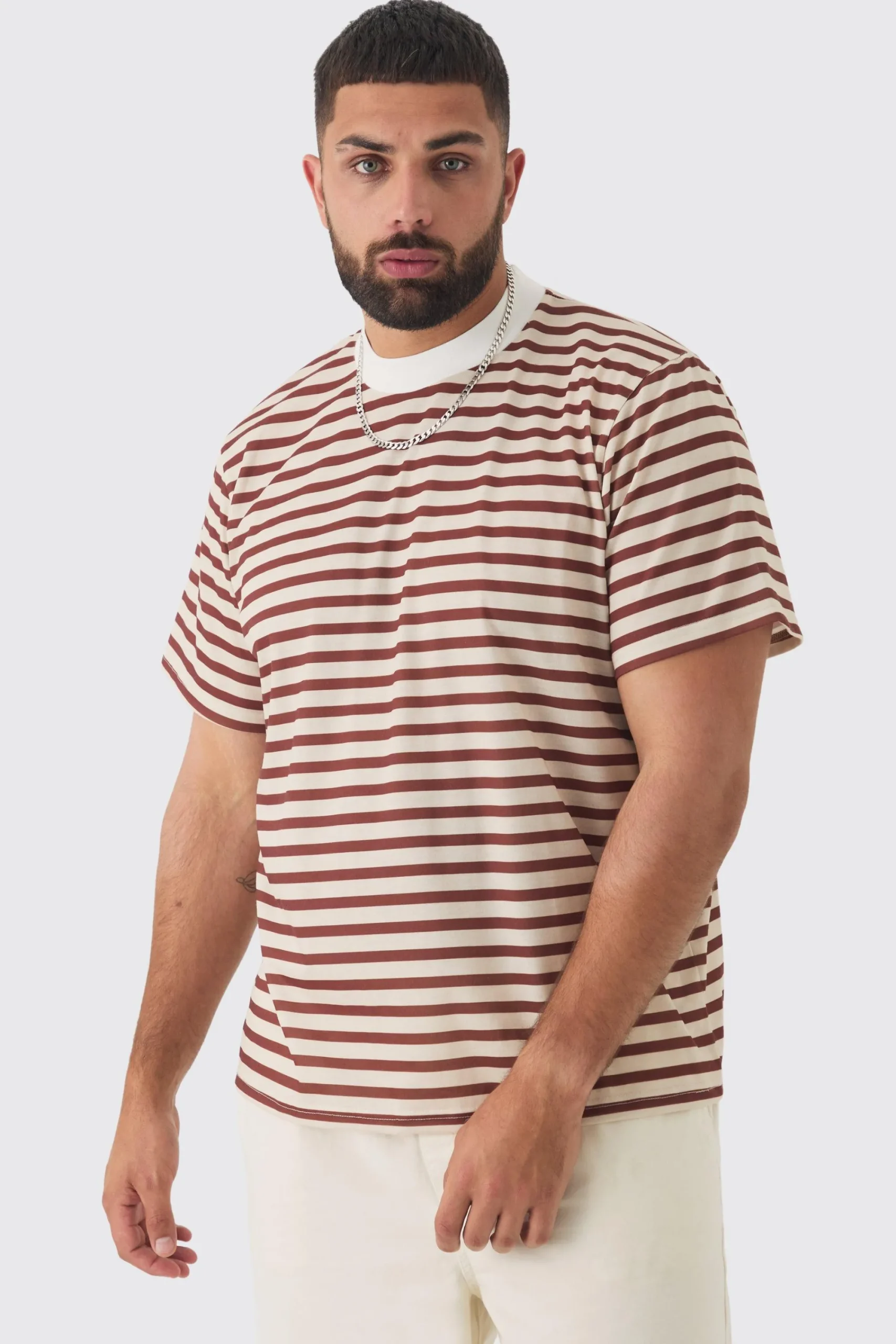 Plus Extended Neck Stripe T-shirt | UK^boohooMAN Outlet