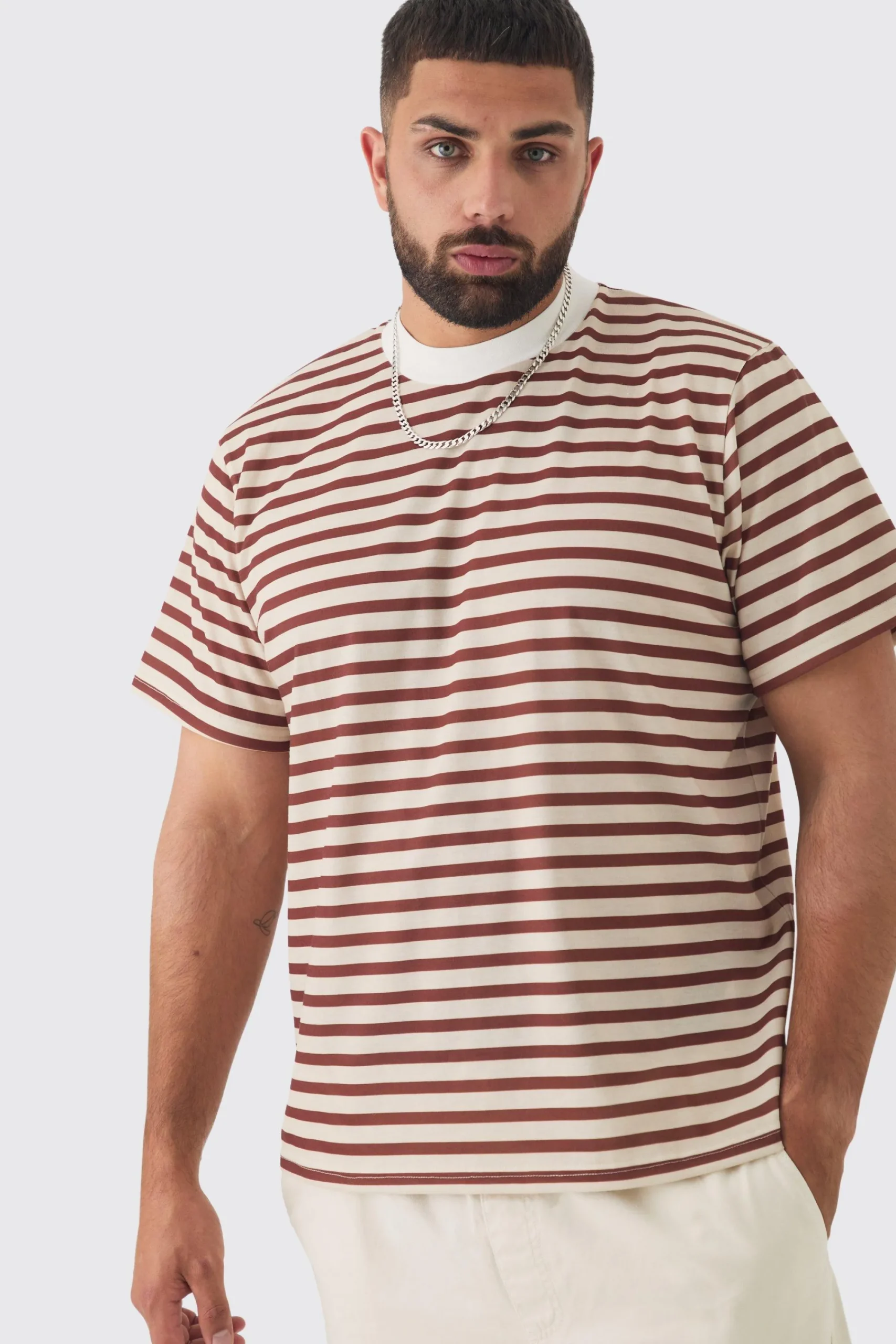 Plus Extended Neck Stripe T-shirt | UK^boohooMAN Outlet