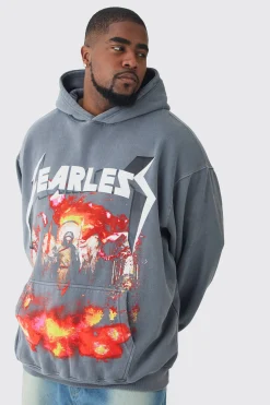 boohooMAN Plus Fearless Print Oversized Washed Hoodie In Black | UK| Hoodies & Sweatshirts